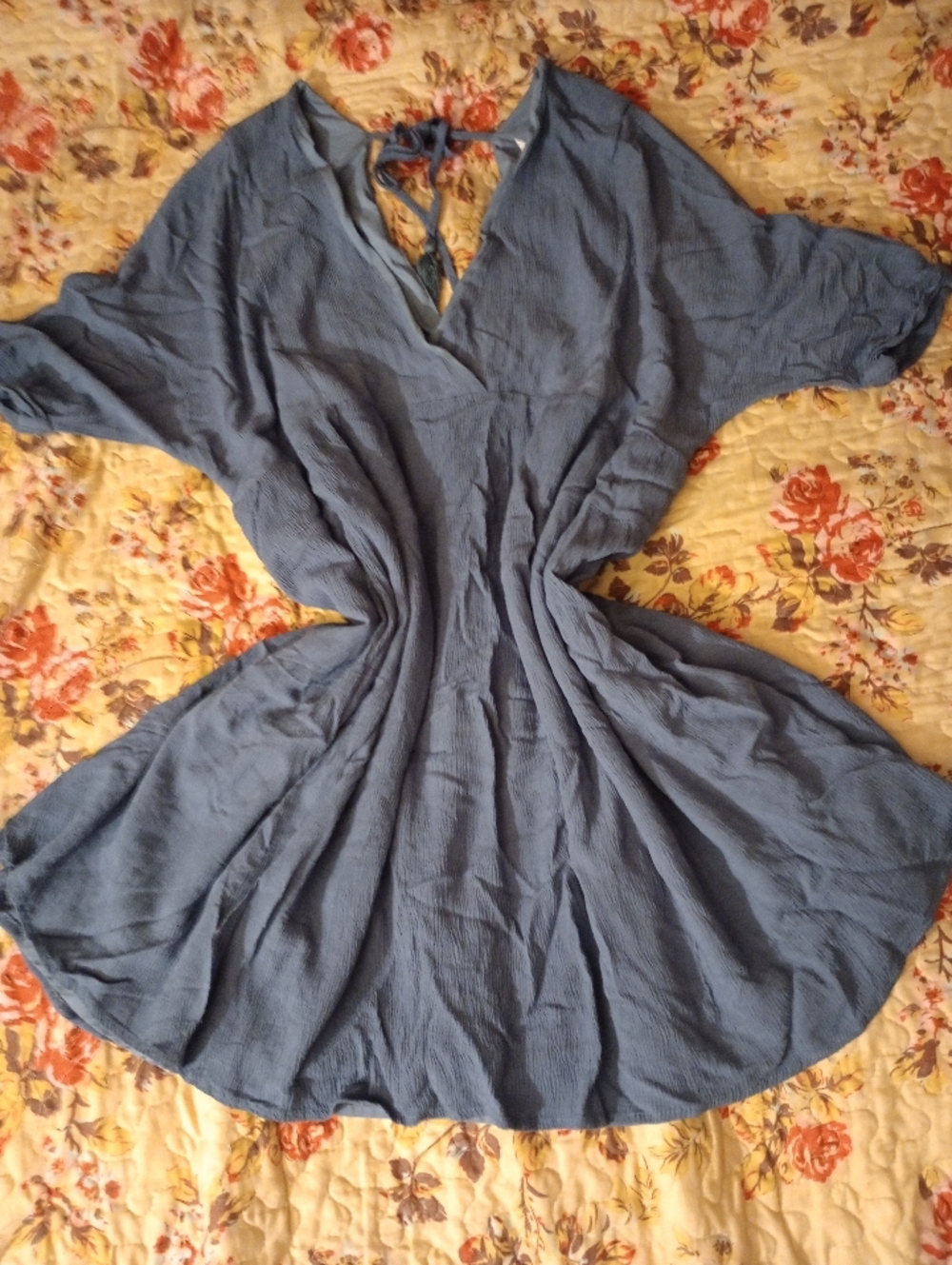 Boho Sky Blue Guaze V-Neck Flowing Babydoll Dress w/ Tassel Accents